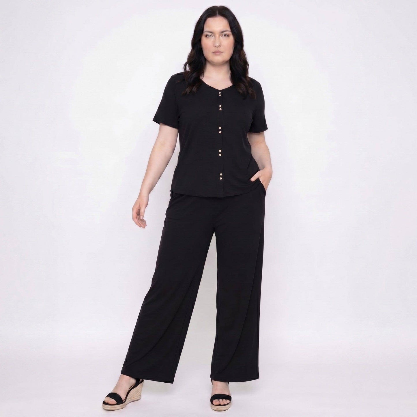 Anna Kaci Wholesale - Plus Size 2-Piece Short Sleeve Button Front Pajama Top and Wide Leg Pants Sleepwear Lounge Set