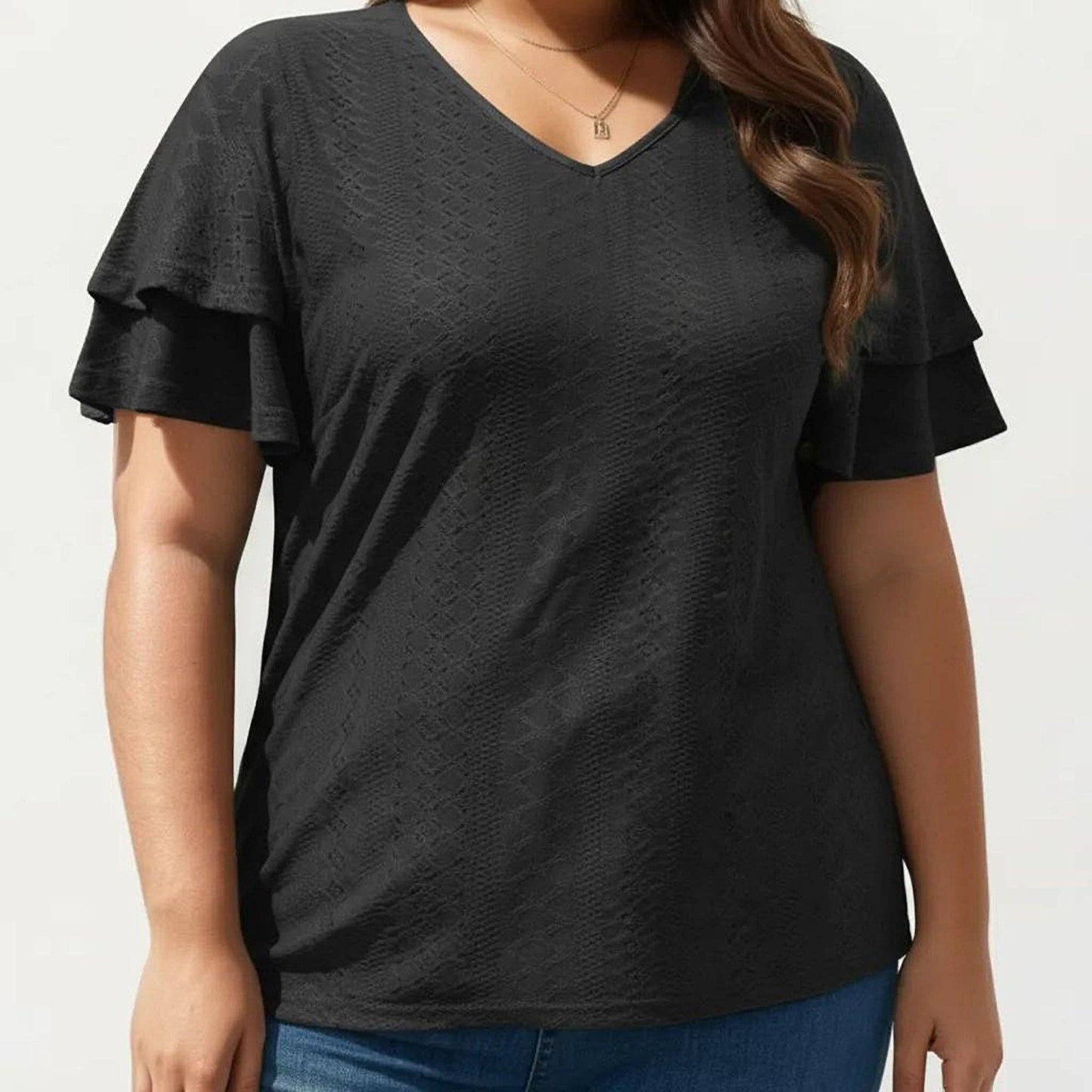Anna Kaci Wholesale - Plus Size Short Sleeve V Neck Top with Textured Knit Fabric Tiered Ruffle Sleeves Shirt