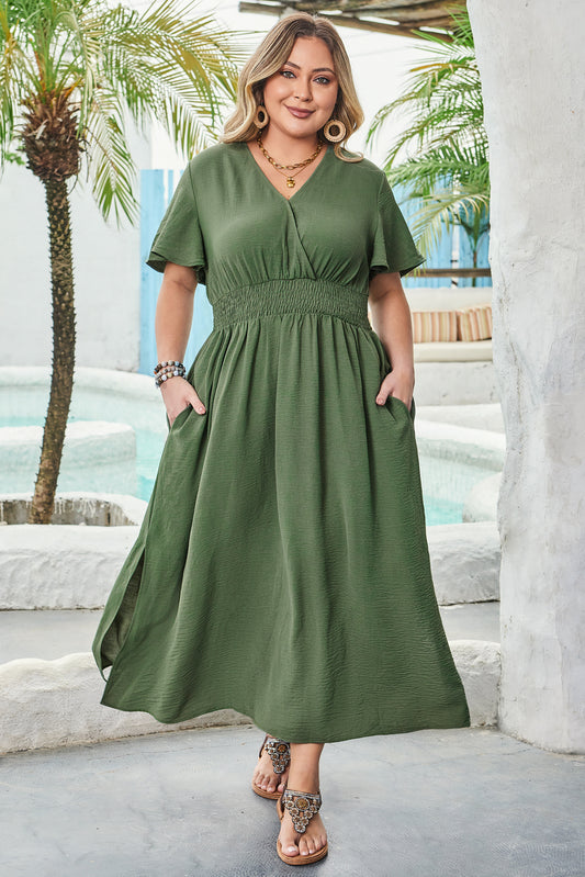 Plus Size Four Leaf Clover Surplice Neckline Shirred High Waist Maxi Dress