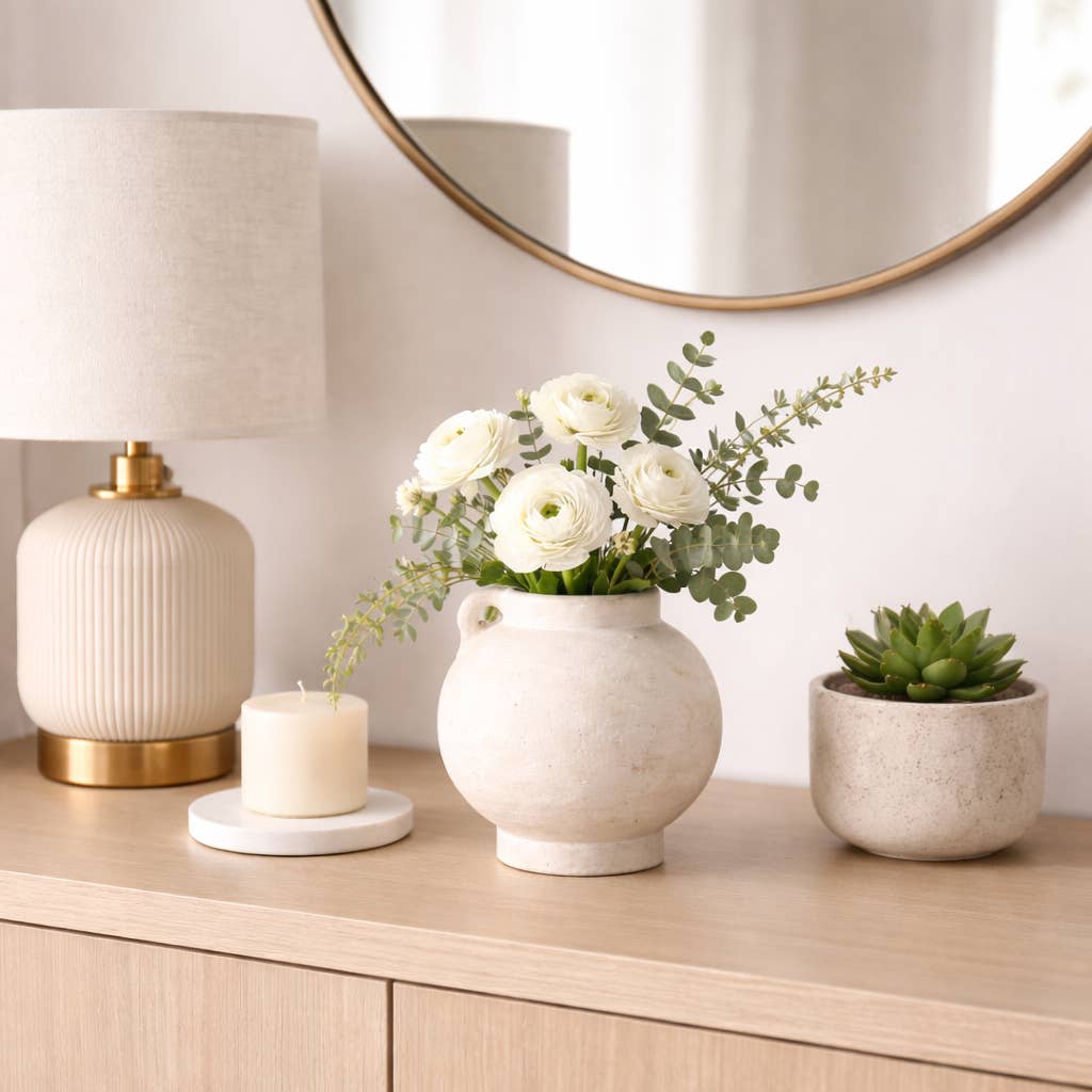 Sagebrook Home - Decorative Vase - White Ceramic Bulbous with Handle Jug, 7in