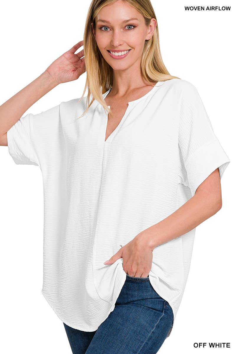 42POPS - 0813 Woven Airflow Split Neck Short Sleeve Top SI-23872 Zenana
