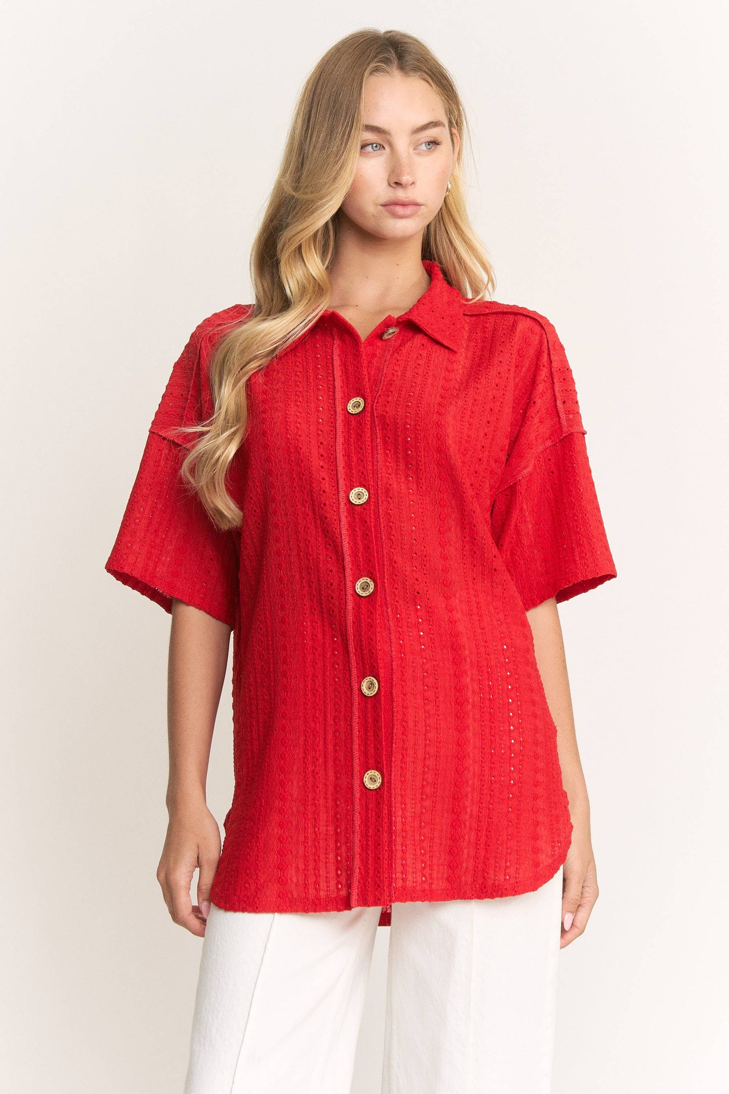 HEIMISH - ET8040-10  BUTTON DOWN COLLARED EYELET WOVEN TOP