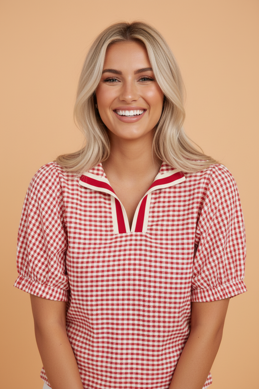 PRETTY BASH - PRETTY BASH Gingham Plaid Trim Split Neck Blouse