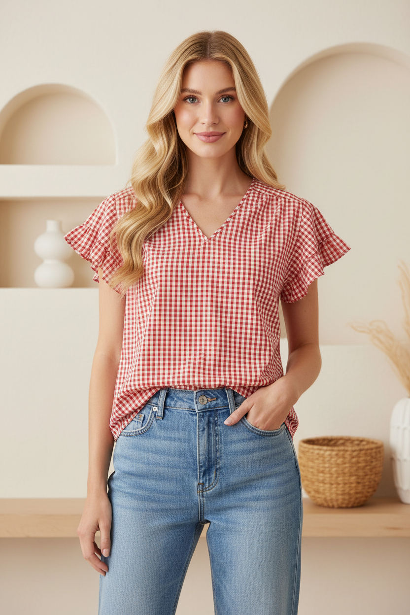 HEIMISH - ET7933-11 V NECK CHECK TOP