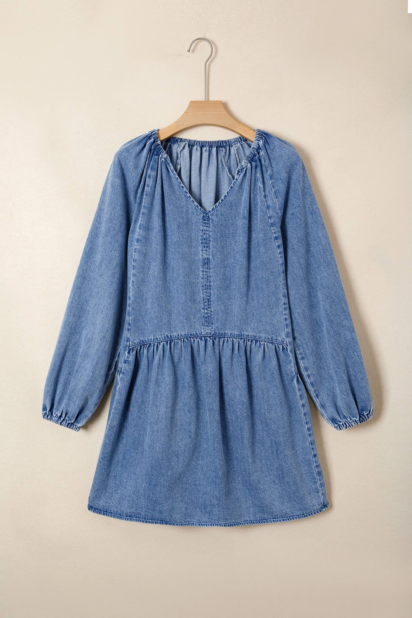 PRETTY BASH - Denim Puff Sleeve Tie V-Neck Ruffle Dress