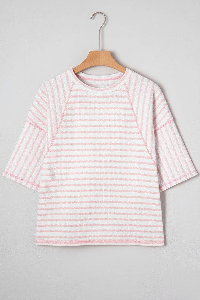 PRETTY BASH - PRETTY BASH Plus Size Stripe Textured 3/4 Sleeve Top