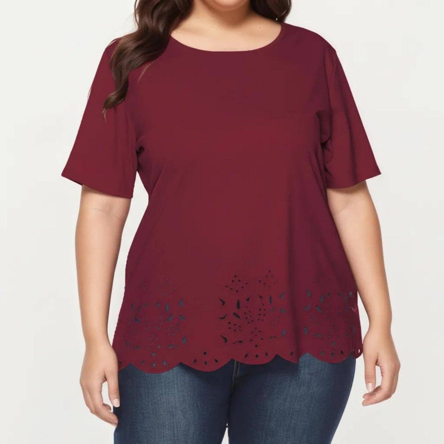 Anna Kaci Wholesale - Plus Size Short Sleeve Top with Scalloped Eyelet Hem Round Neck Loose Fit Casual Blouse