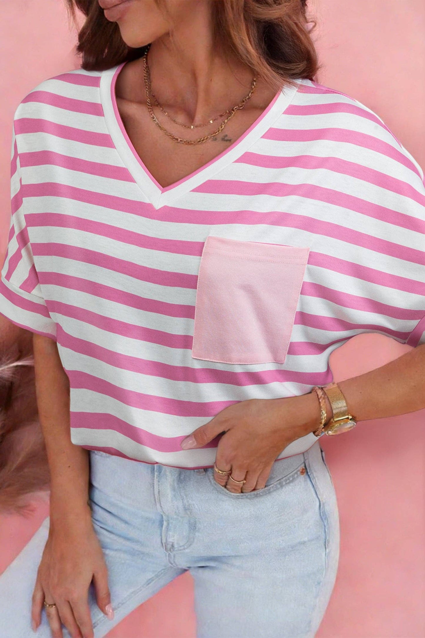 PRETTY BASH - Stripe V-Neck Patch Pocket T-Shirt