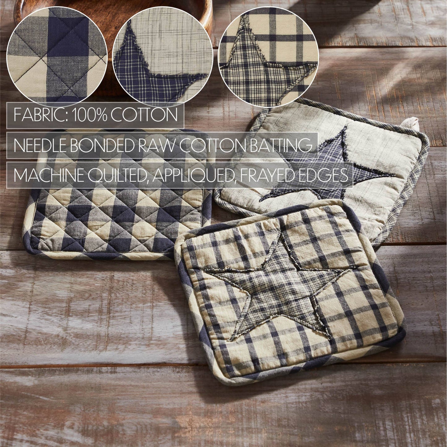VHC Brands - My Country Patchwork Pot Holder Set of 3 8x8