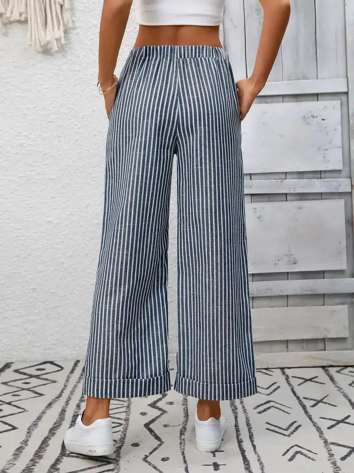 Lovesoft - Striped Wide Leg Pants Women Drawstring Casual Pants