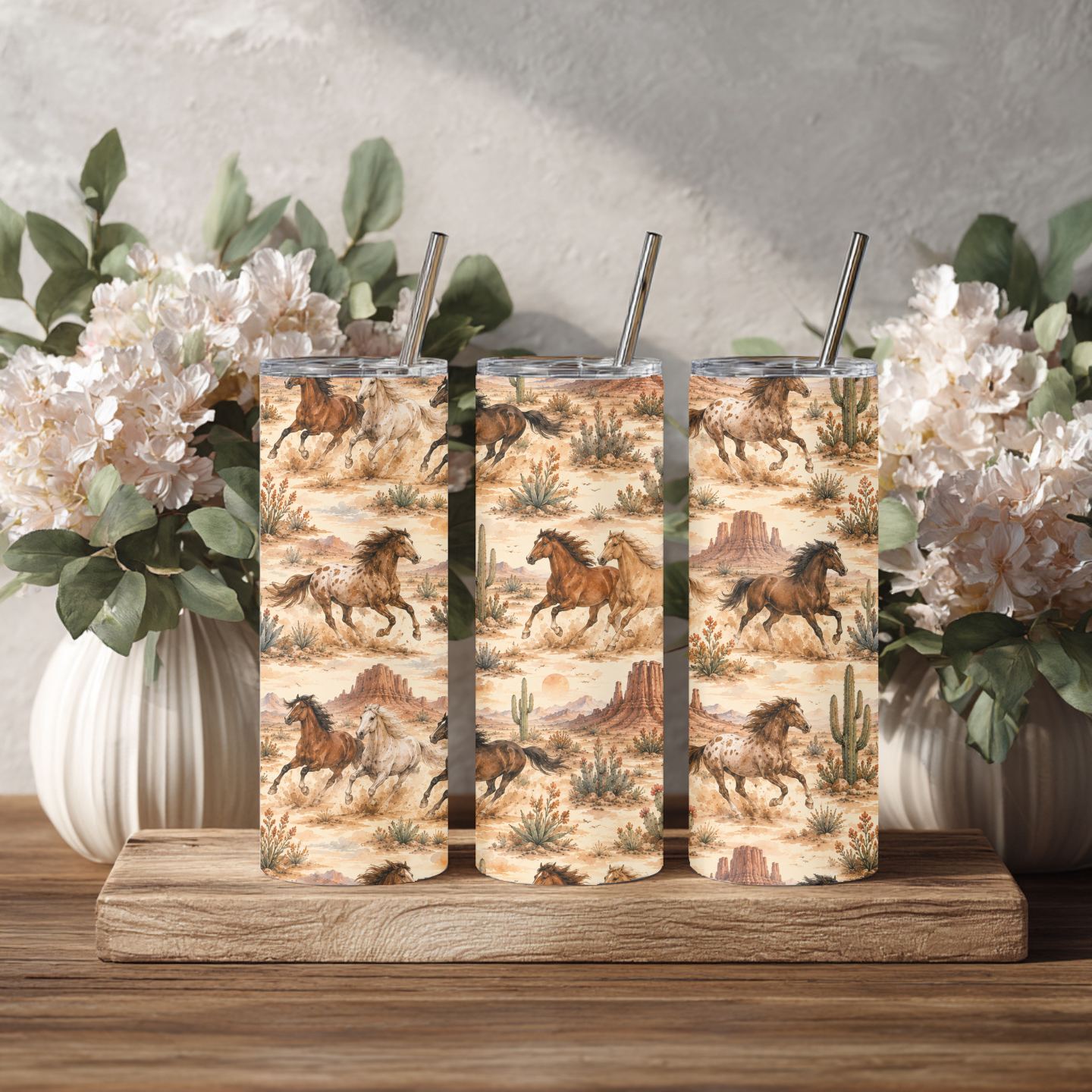 Nordic and Native - Running Horses Desert Tumbler & Matching Pen Set | Western Horse 20 oz Skinny Tumbler | Wild Mustang Gift | Cowgirl Office Gift | Horse Lover Set