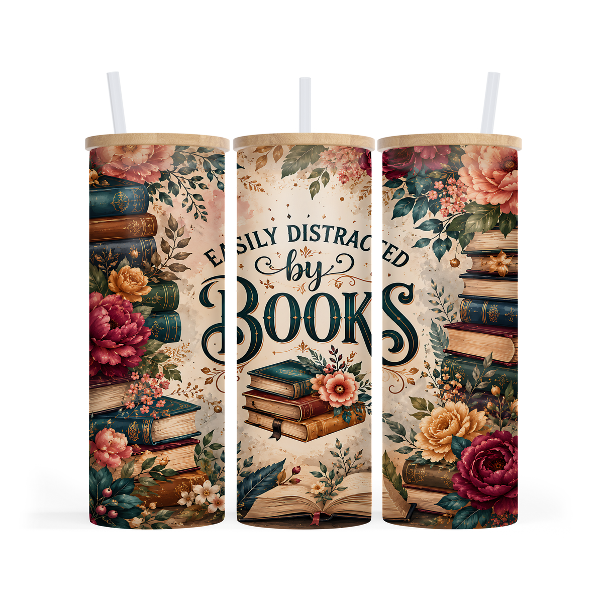 Nordic and Native - Easily Distracted by Books Tumbler | 20 oz Book Lover Gift | Floral Library Cup | Reader Gift | Bookworm Coffee Tumbler | Book Gift