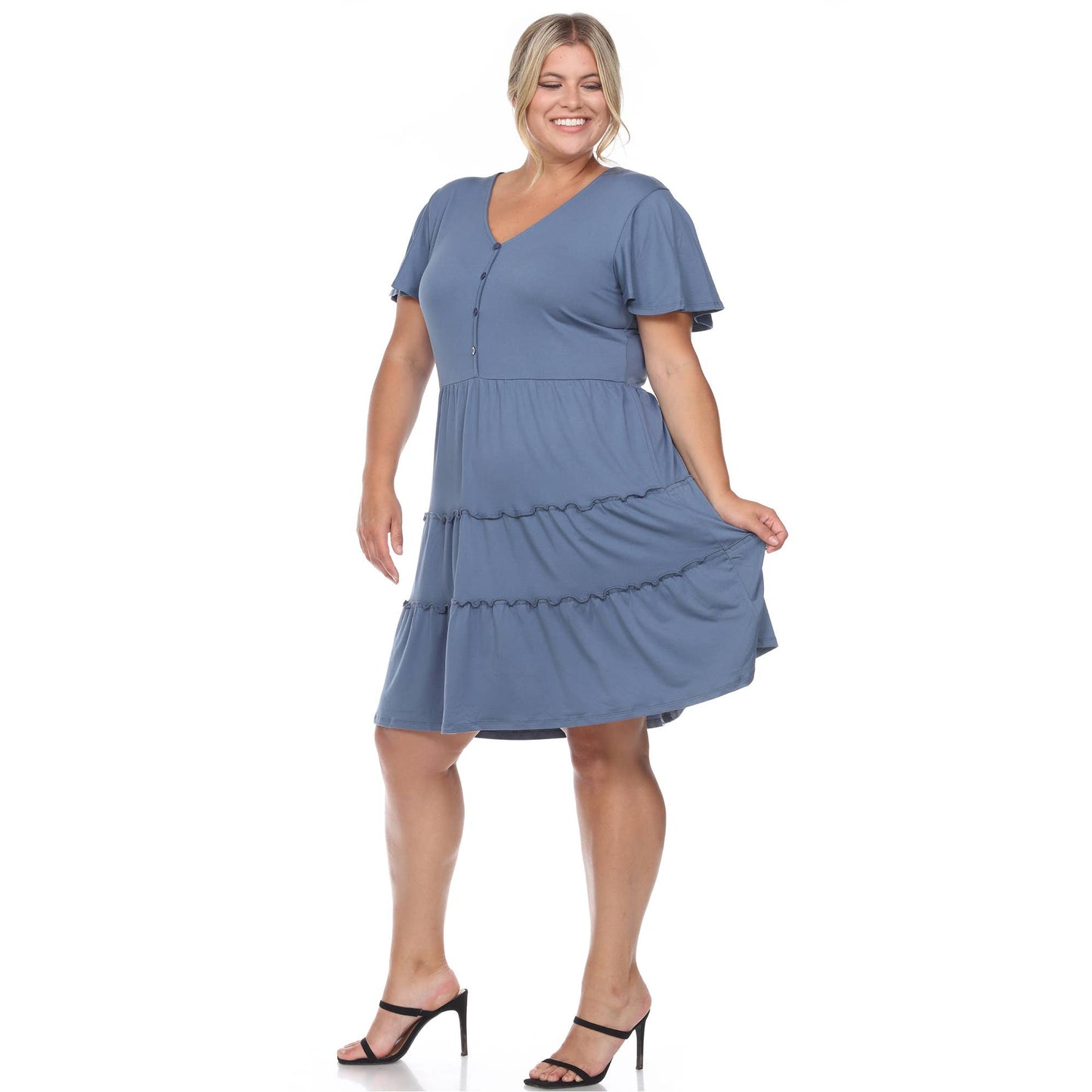 WHITE MARK - Plus Size Short Sleeve V-neck Tiered Midi Dress