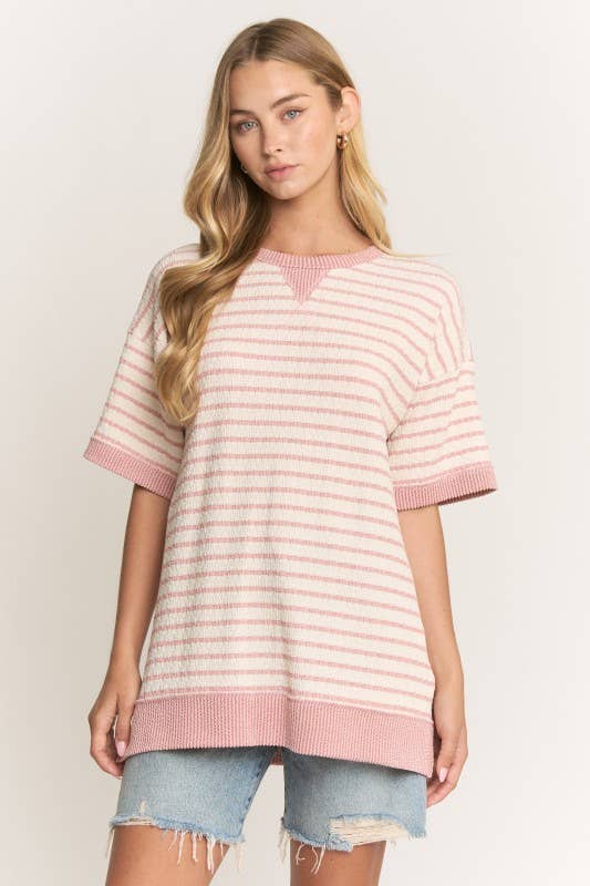 HEIMISH - ET8055-10  CREW NECK JACQUARD STRIPE KNIT TOP