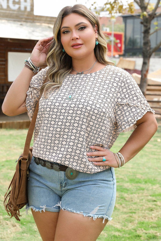 Geometric Plus Size Khaki Print Ruffled Sleeve Blouse