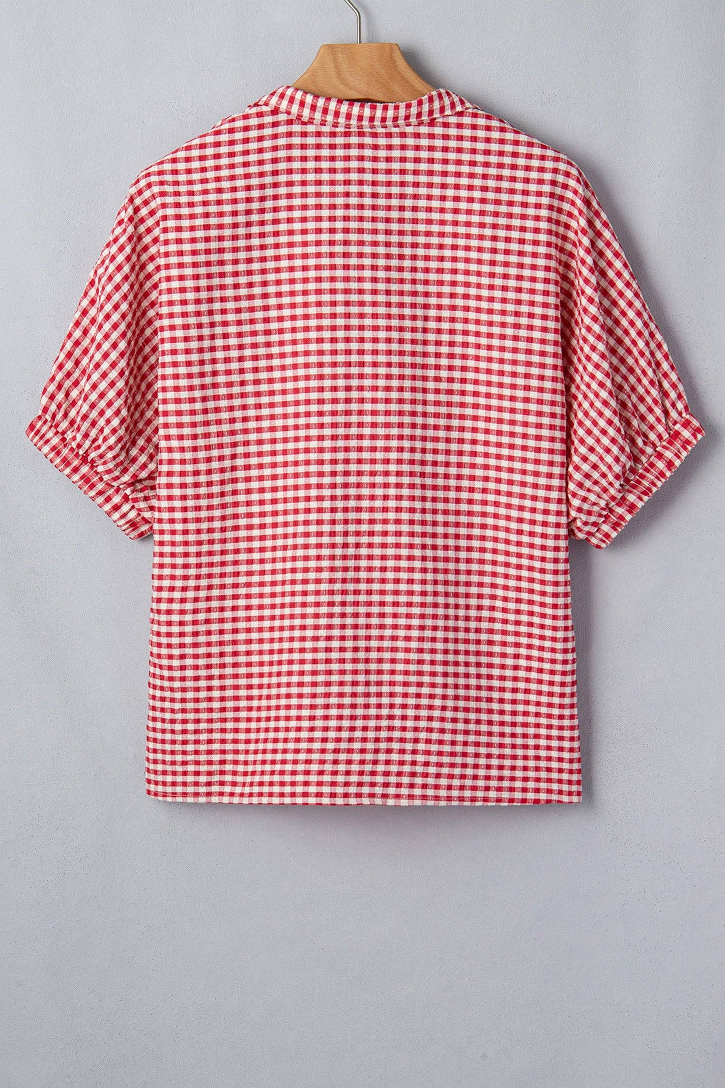 PRETTY BASH - PRETTY BASH Gingham Plaid Trim Split Neck Blouse