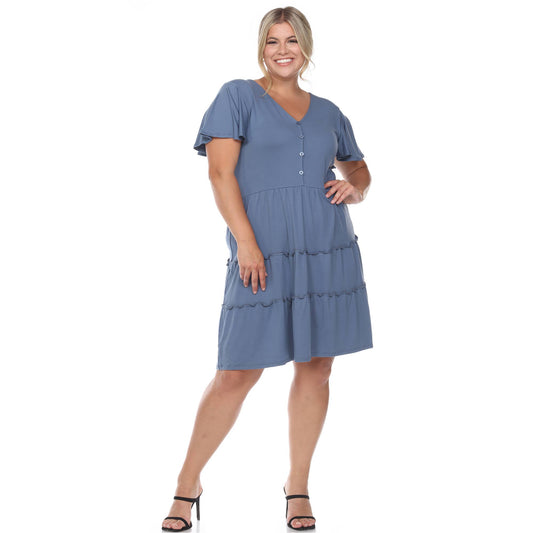 WHITE MARK - Plus Size Short Sleeve V-neck Tiered Midi Dress