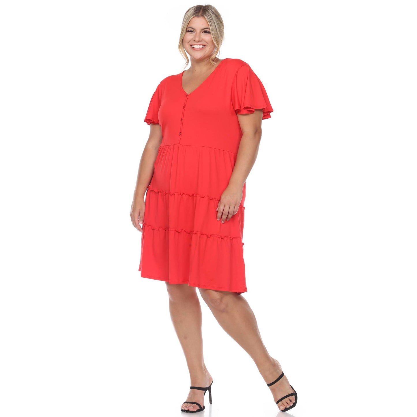 WHITE MARK - Plus Size Short Sleeve V-neck Tiered Midi Dress
