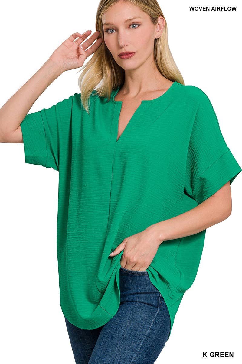 42POPS - 0813 Woven Airflow Split Neck Short Sleeve Top SI-23872 Zenana