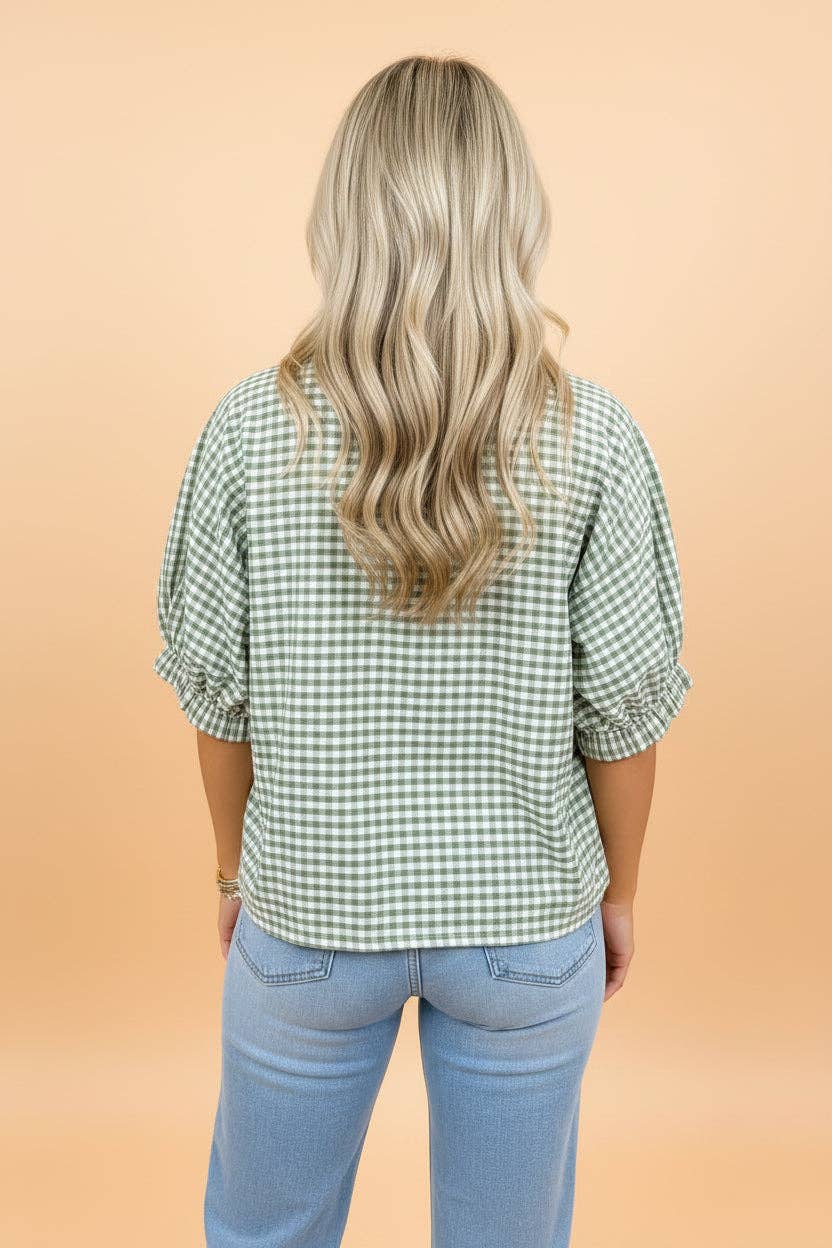 PRETTY BASH - PRETTY BASH Gingham Plaid Trim Split Neck Blouse