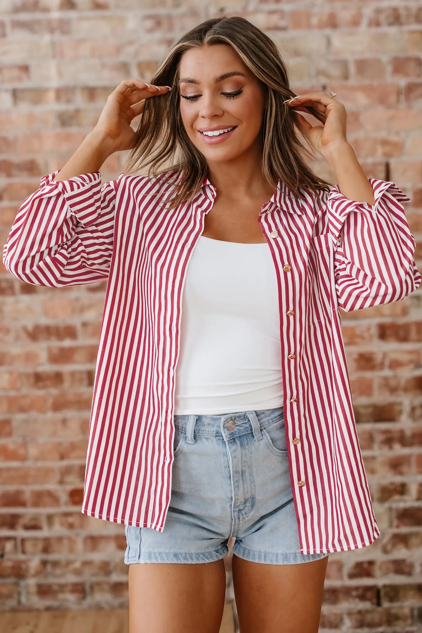 Lovesoft - Red Stripe Patched Pocket Side Slit Loose Shirt