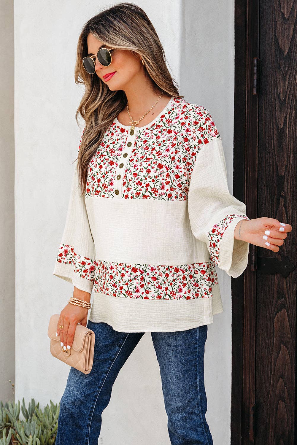 PRETTY BASH - Floral Gauze Patchwork 3/4 Sleeve Blouse