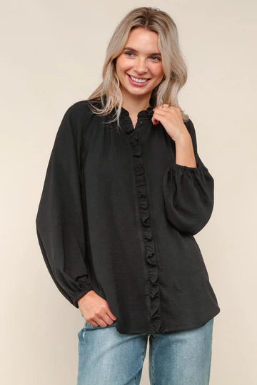 FRILLED PLACKET BUTTON DOWN SOLID BLOUSE