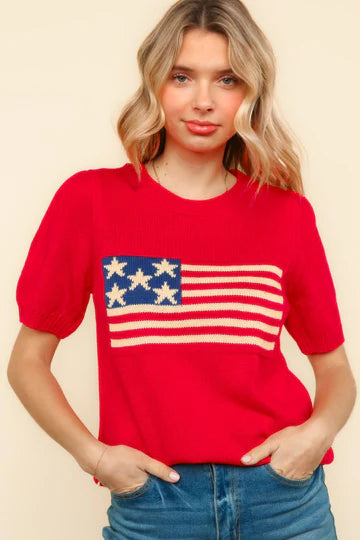 Plus Size American Flag Jacquard Sweater Knit Top