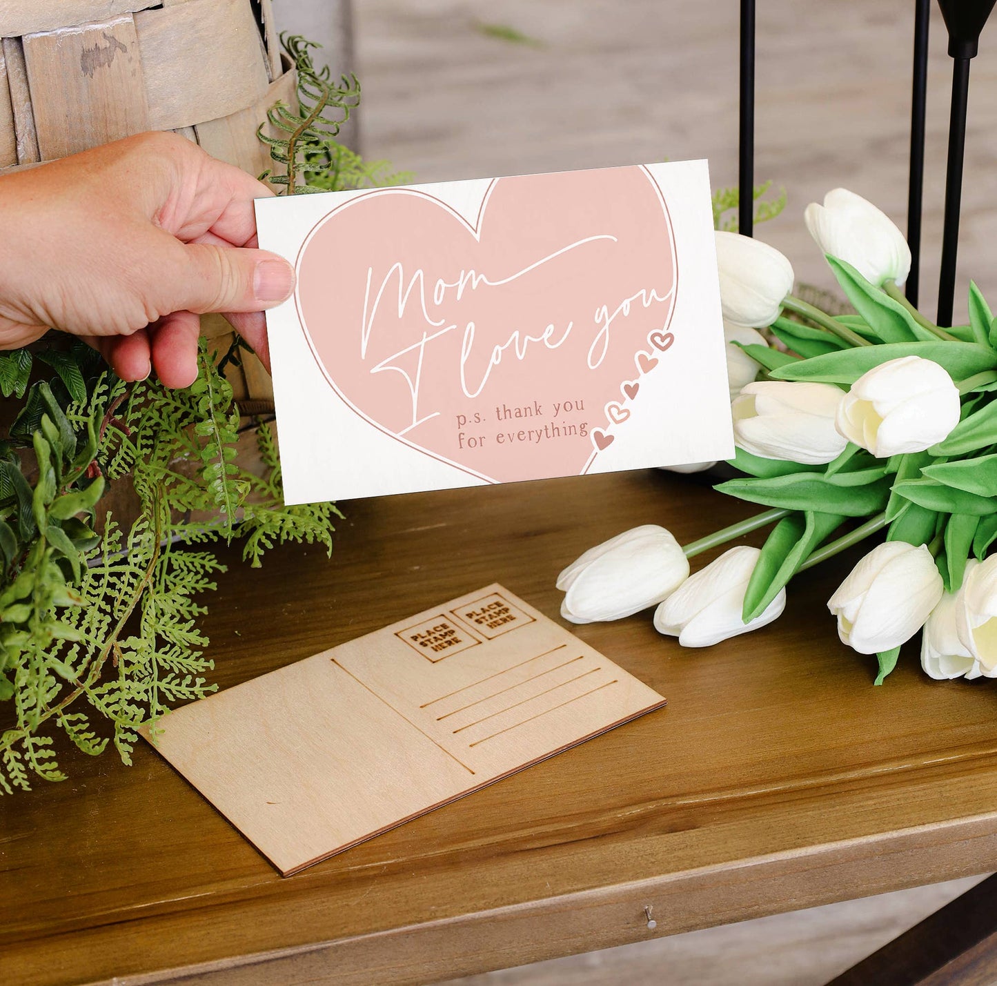 Sincere Surroundings - Mom Love You Heart - Wooden Postcards