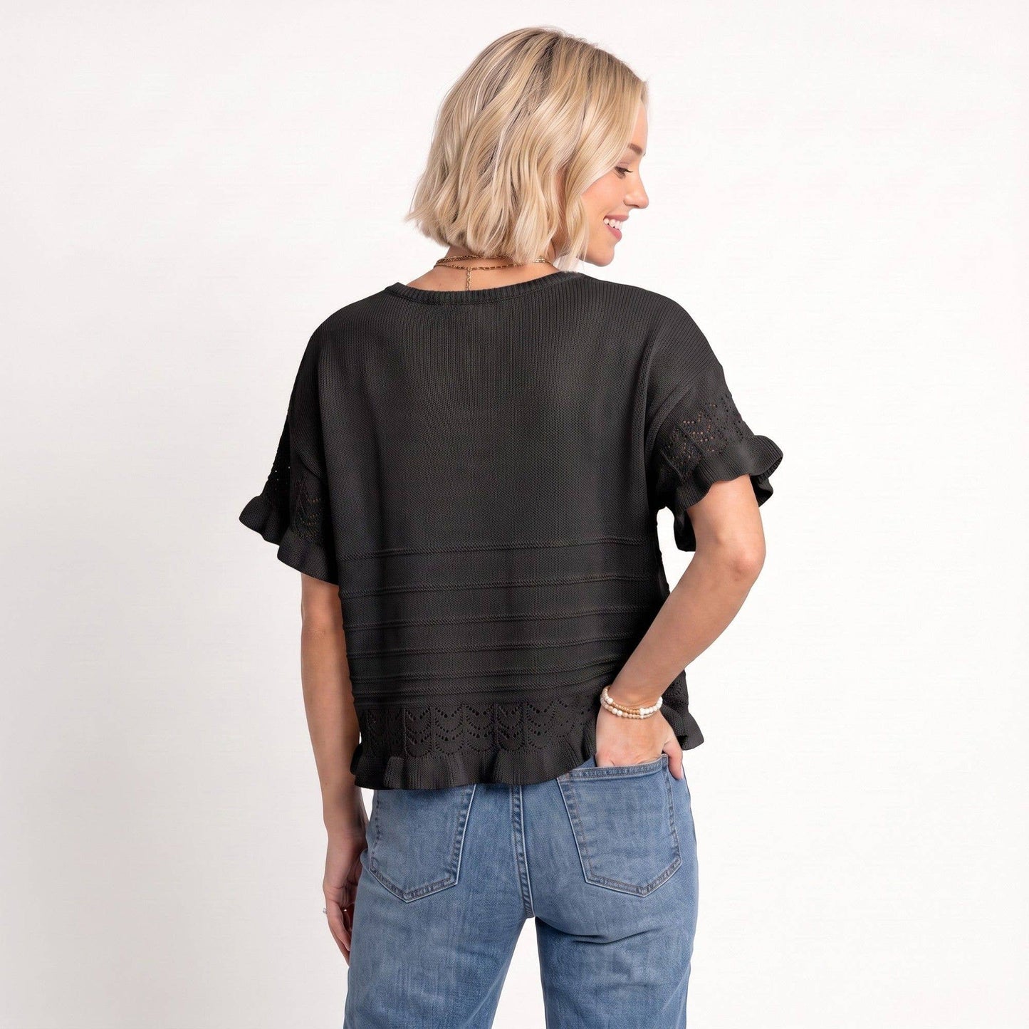 Anna Kaci Wholesale - Short Sleeve Sweater Top Lace Ruffle Hem Textured Knit Blouse
