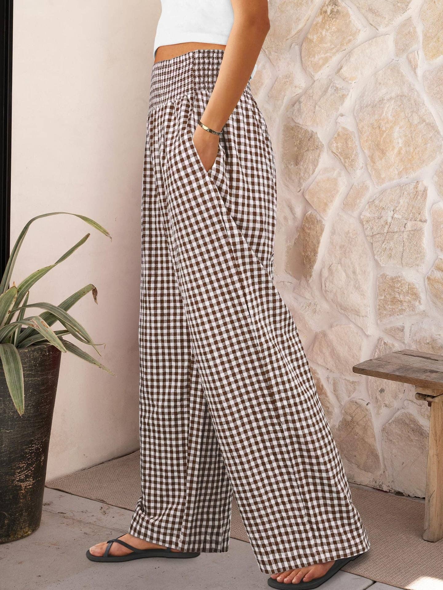 Suhkasana - Gingham High Waist Wide Leg Pants with Pockets