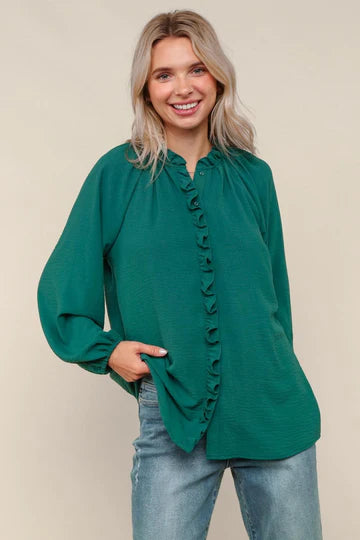 FRILLED PLACKET BUTTON DOWN SOLID BLOUSE