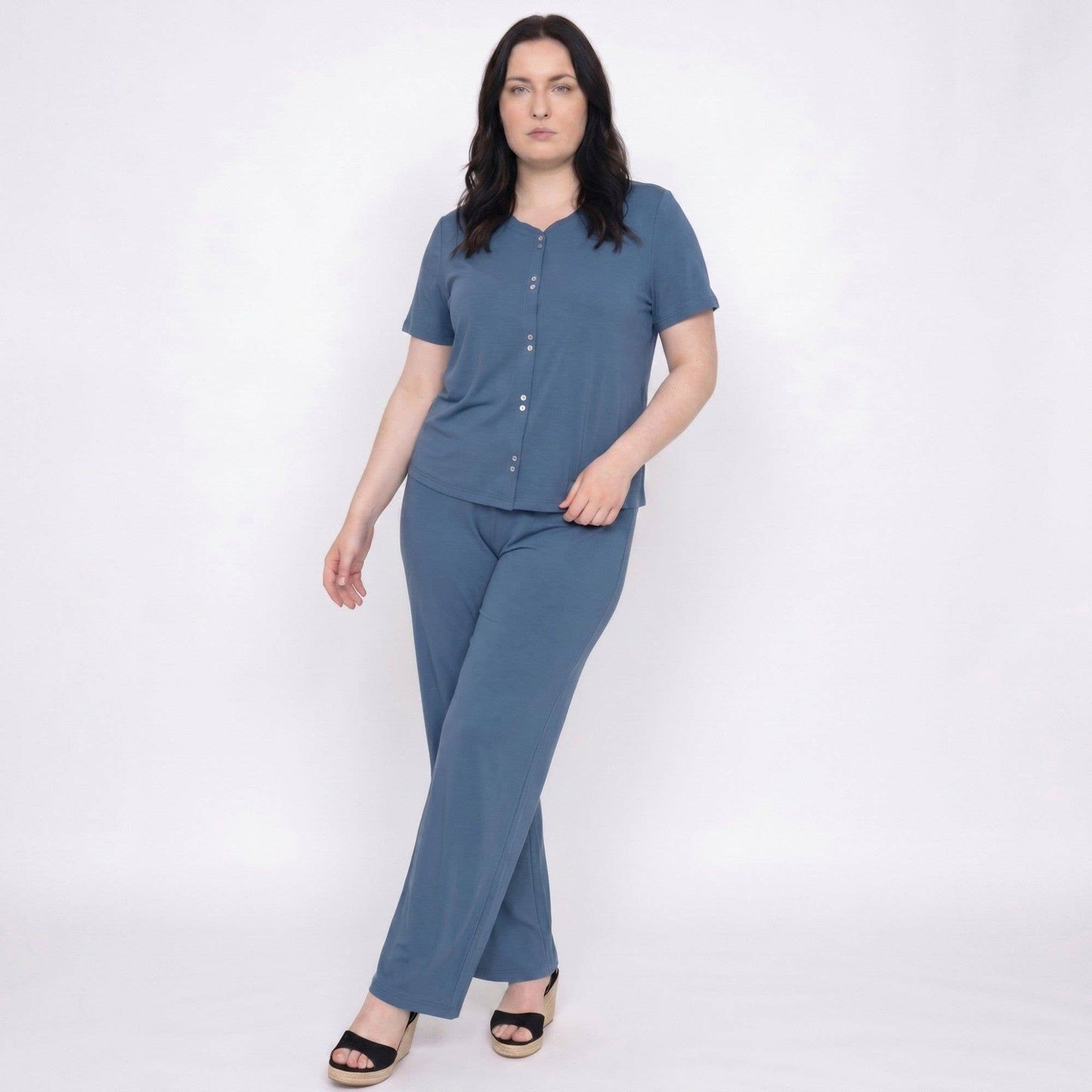 Anna Kaci Wholesale - Plus Size 2-Piece Short Sleeve Button Front Pajama Top and Wide Leg Pants Sleepwear Lounge Set
