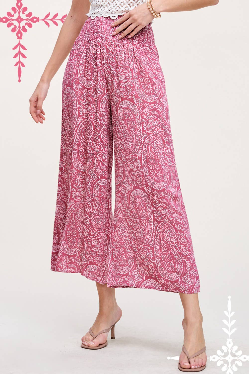 JCP4225-Boho Paisley Print Wide Leg Flowy Pants with Pockets