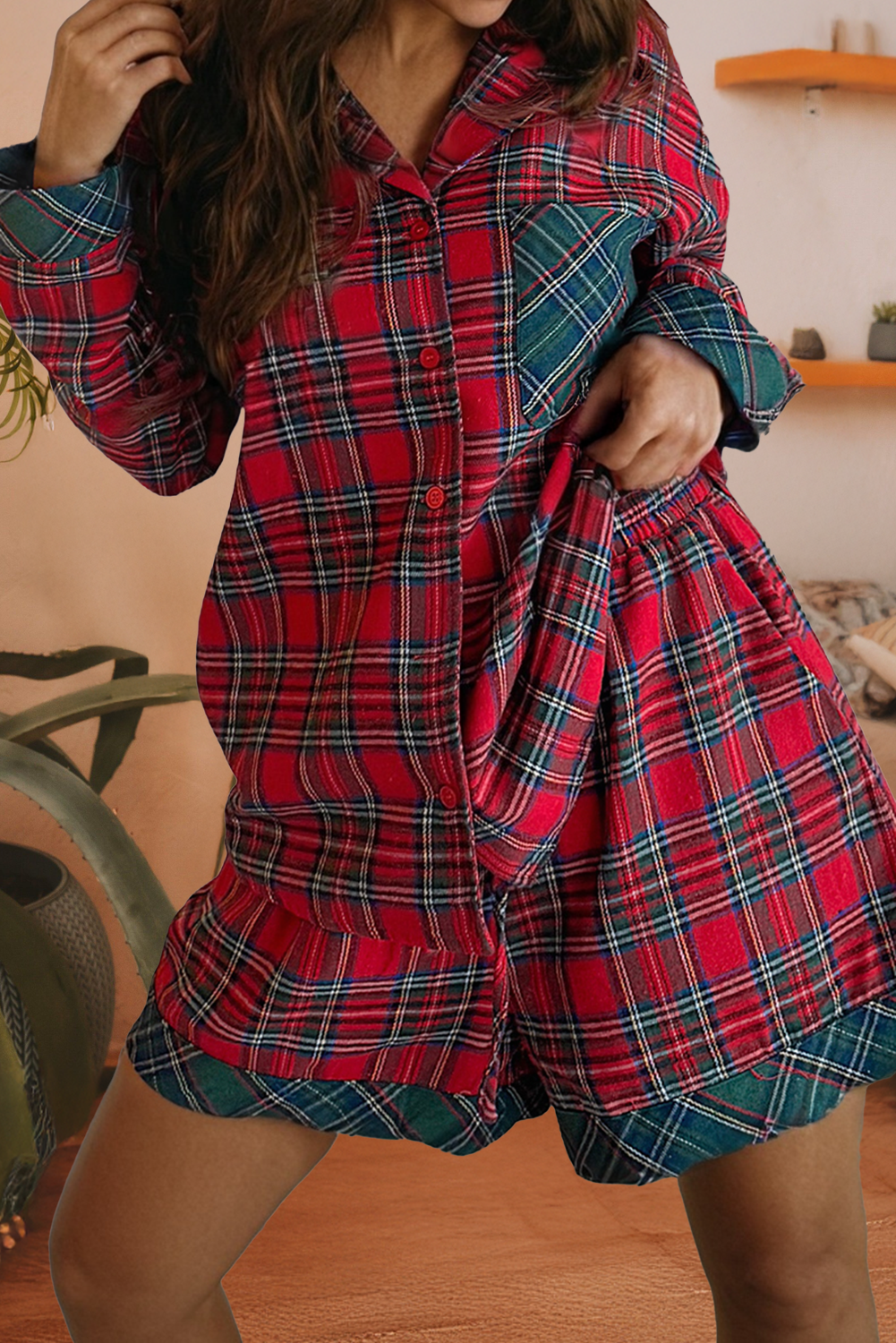 LDC Plaid Patched Christmas Shirt and Short 2pcs Pajamas Set