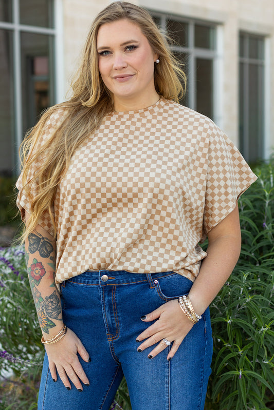 Plus Size Khaki Checkerboard Batwing Sleeve Neck T Shirt
