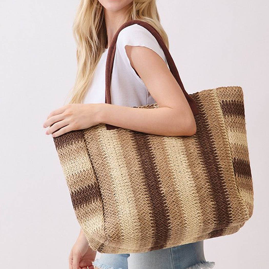 3AM BY H&D ACCESSORIES - Natural Brown Multi Color Stripe Straw Tote Bag