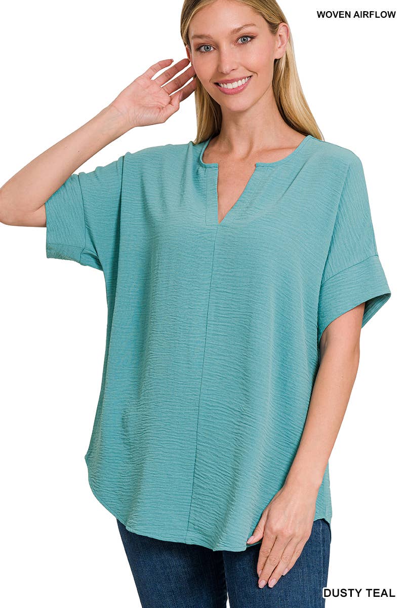 42POPS - 0813 Woven Airflow Split Neck Short Sleeve Top SI-23872 Zenana