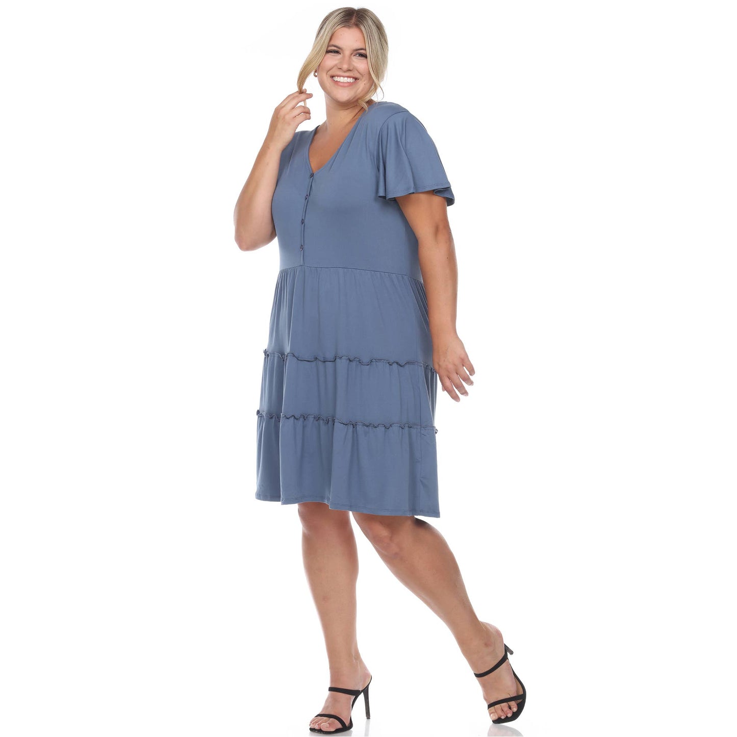 WHITE MARK - Plus Size Short Sleeve V-neck Tiered Midi Dress