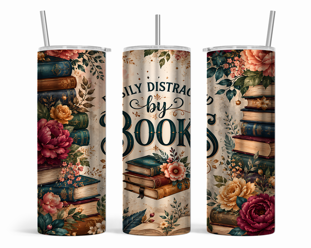Nordic and Native - Easily Distracted by Books Tumbler | 20 oz Book Lover Gift | Floral Library Cup | Reader Gift | Bookworm Coffee Tumbler | Book Gift
