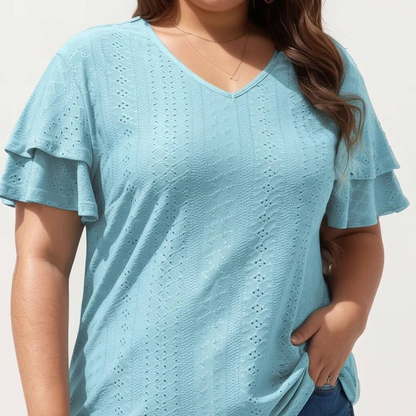 Anna Kaci Wholesale - Plus Size Short Sleeve V Neck Top with Textured Knit Fabric Tiered Ruffle Sleeves Shirt