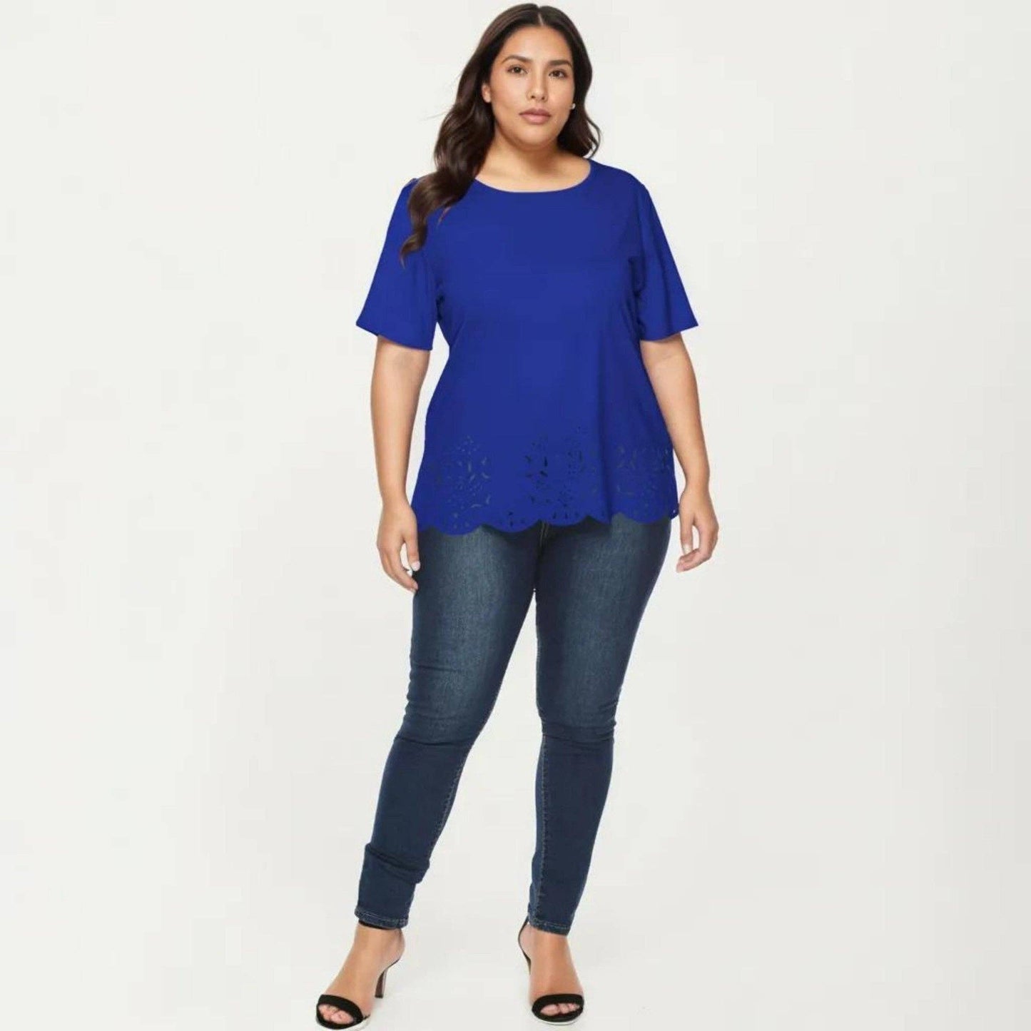 Anna Kaci Wholesale - Plus Size Short Sleeve Top with Scalloped Eyelet Hem Round Neck Loose Fit Casual Blouse