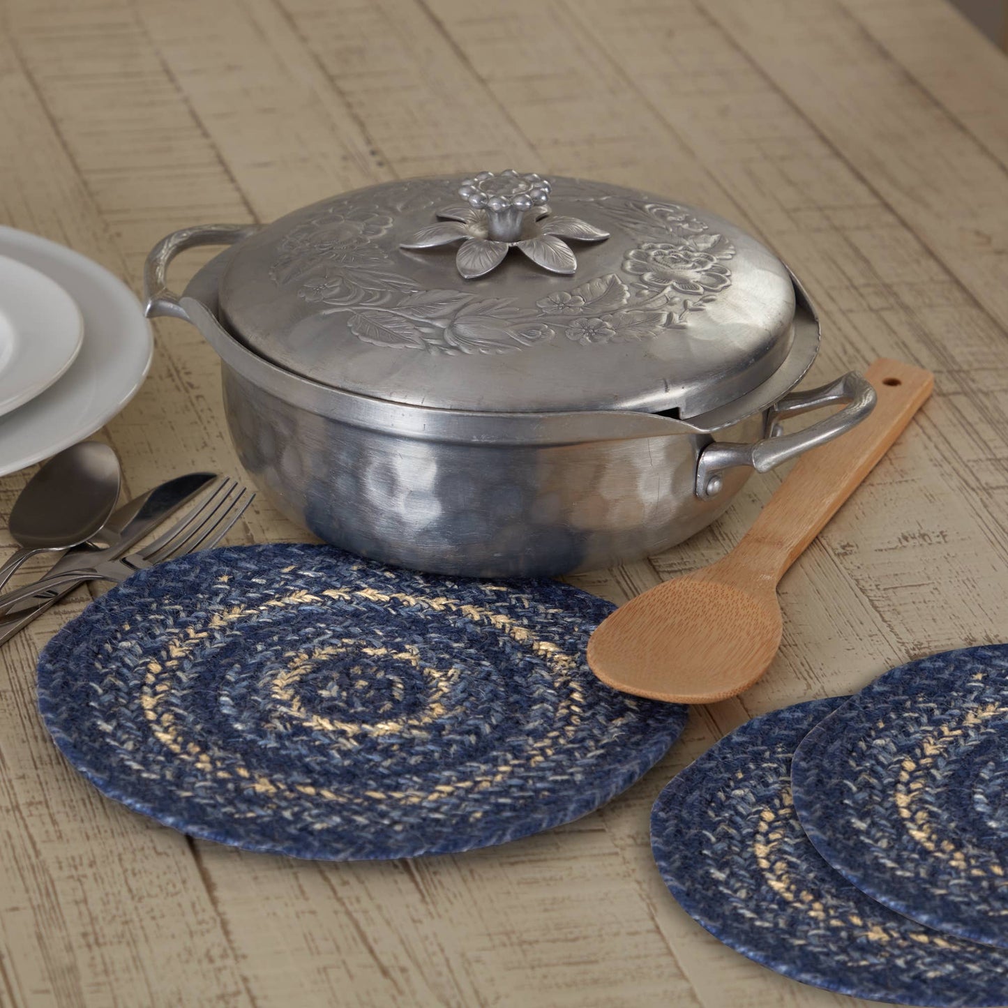 VHC Brands - Great Falls Blue Braided Jute Trivet Hot Pad 8 Set of 3
