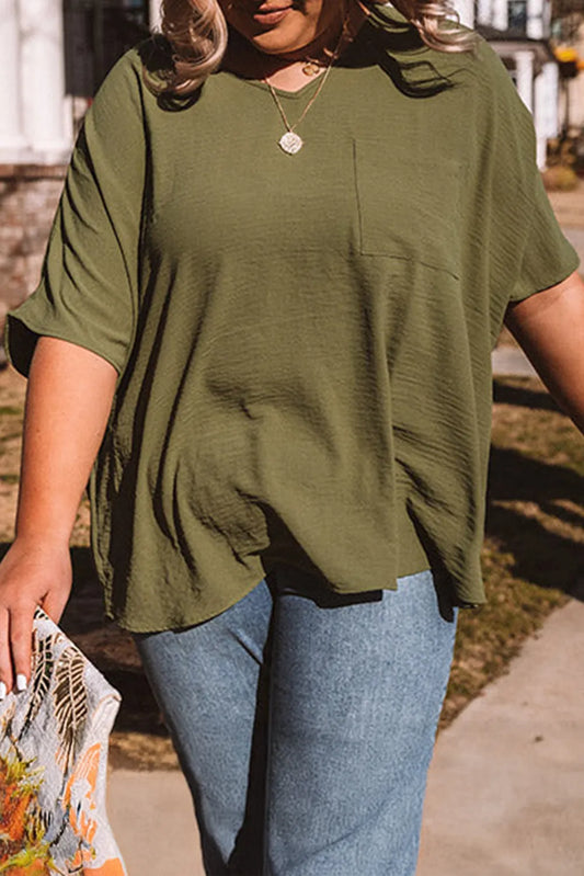 Plus Size Four Leaf Clover V Neck T Shirt with Chest Pocket