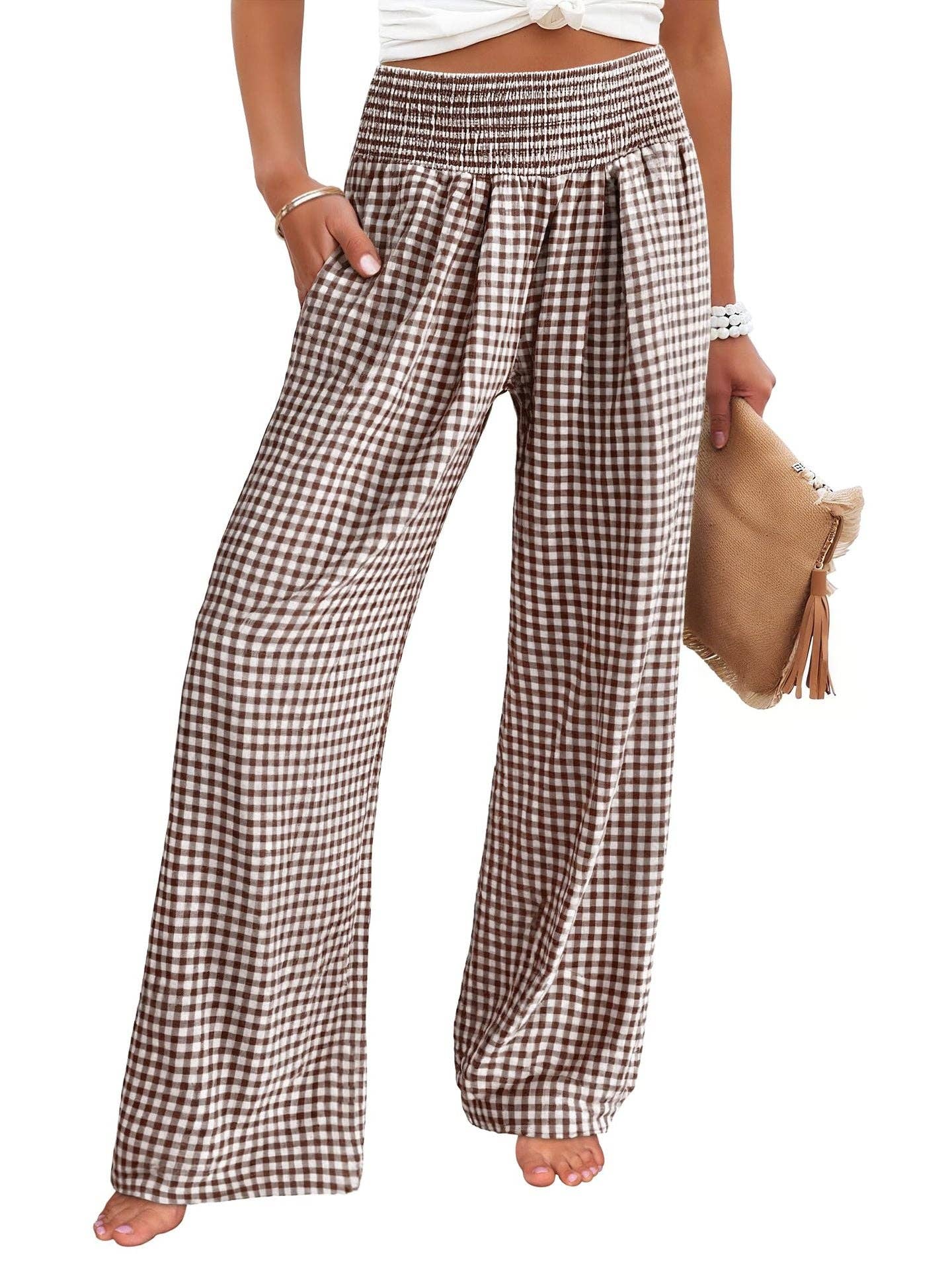 Suhkasana - Gingham High Waist Wide Leg Pants with Pockets
