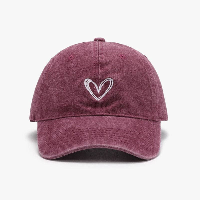 Sheer Trend - Embroidered Heart Design Washed Cotton Baseball Cap