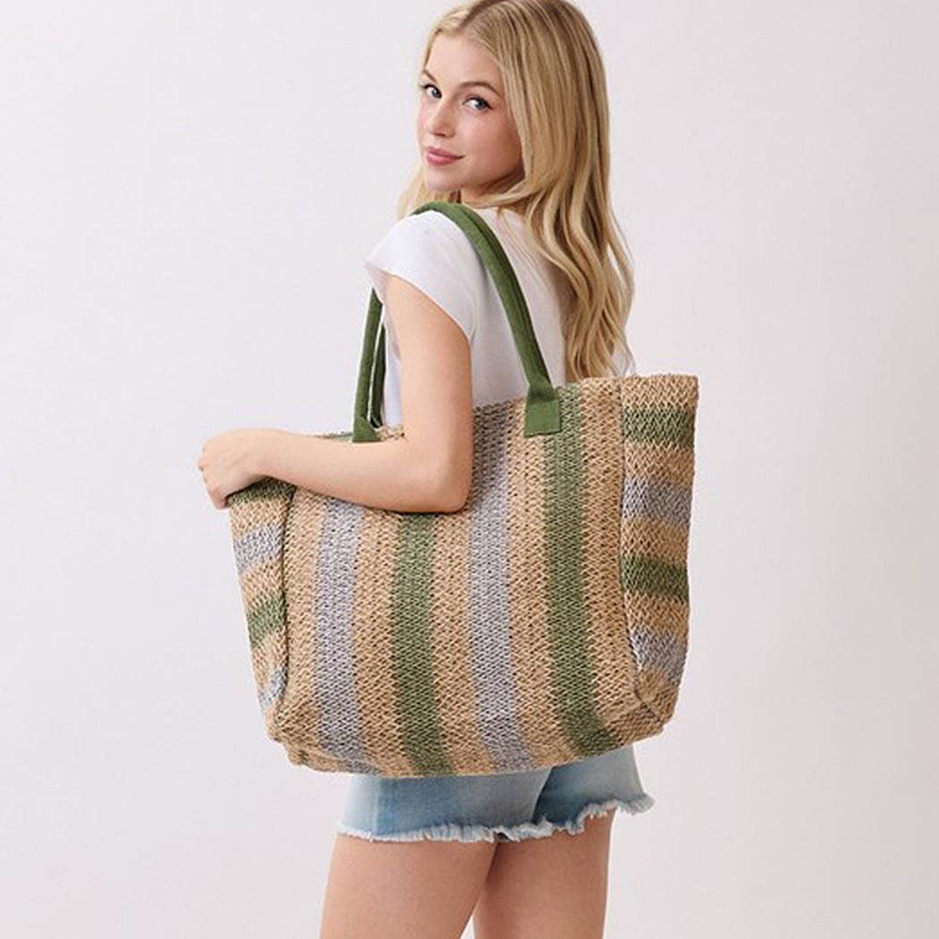 3AM BY H&D ACCESSORIES - Natural Brown Multi Color Stripe Straw Tote Bag