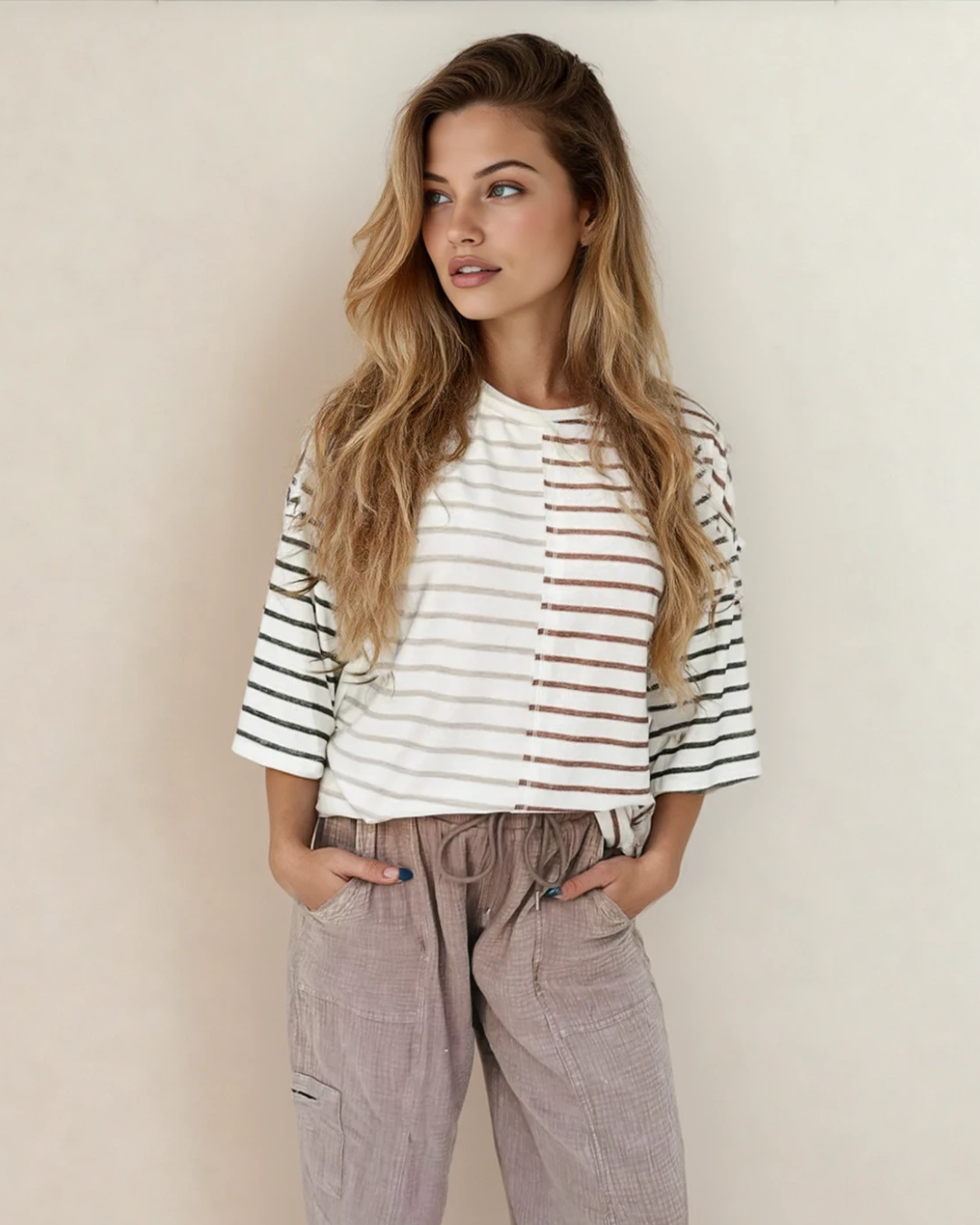 Indie & Co. | Women's Apparel - Danna Stripe Tee-Khaki | Colorblock Tee | 3/4 Sleeve Tee