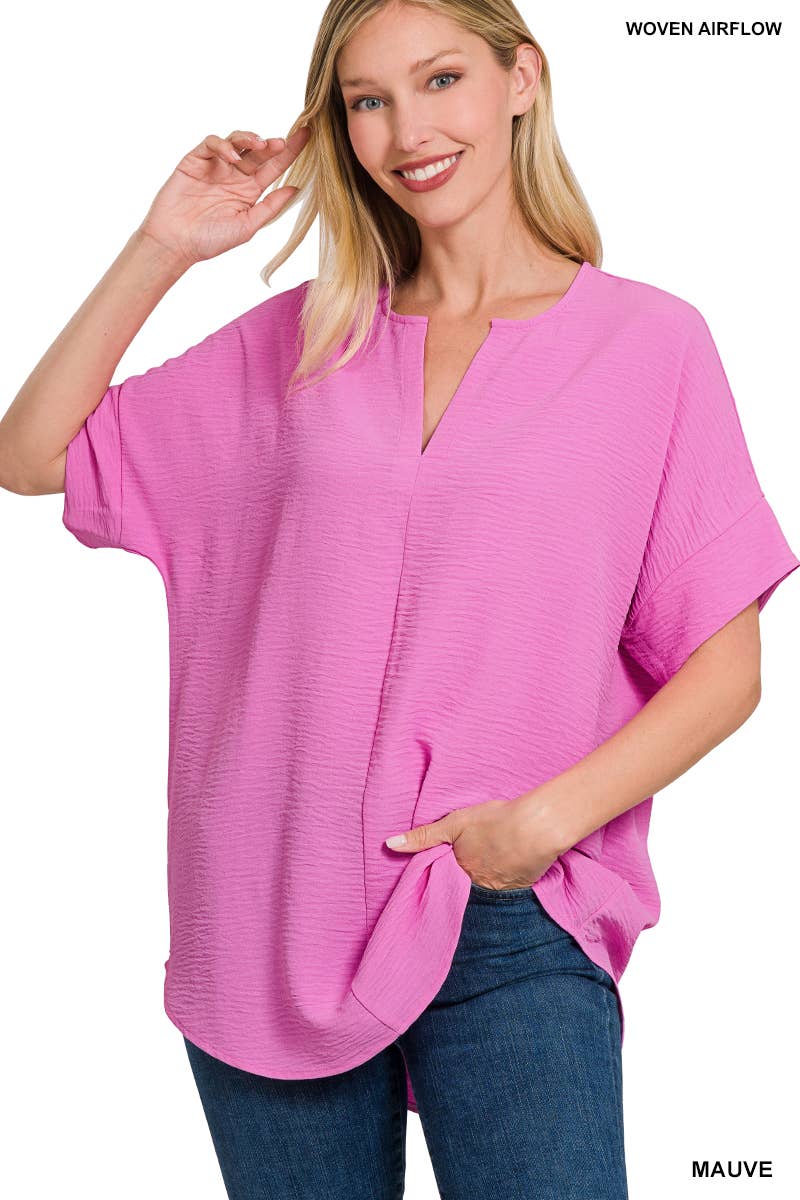 42POPS - 0813 Woven Airflow Split Neck Short Sleeve Top SI-23872 Zenana