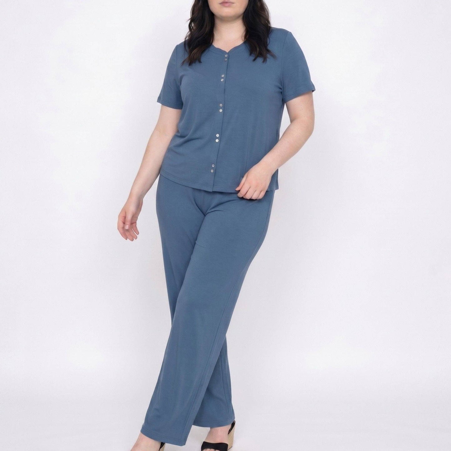 Anna Kaci Wholesale - Plus Size 2-Piece Short Sleeve Button Front Pajama Top and Wide Leg Pants Sleepwear Lounge Set
